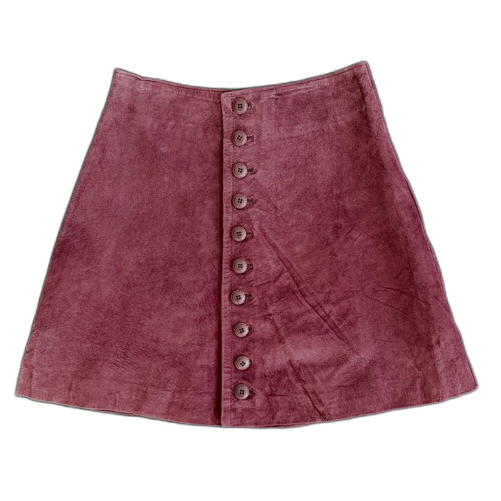 Vintage 90s Express Suede Leather Mini Skirt Button Front Burgundy Wine size 5/6